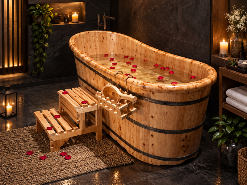 Zen Japanese-style wooden Ofuro bathtub
